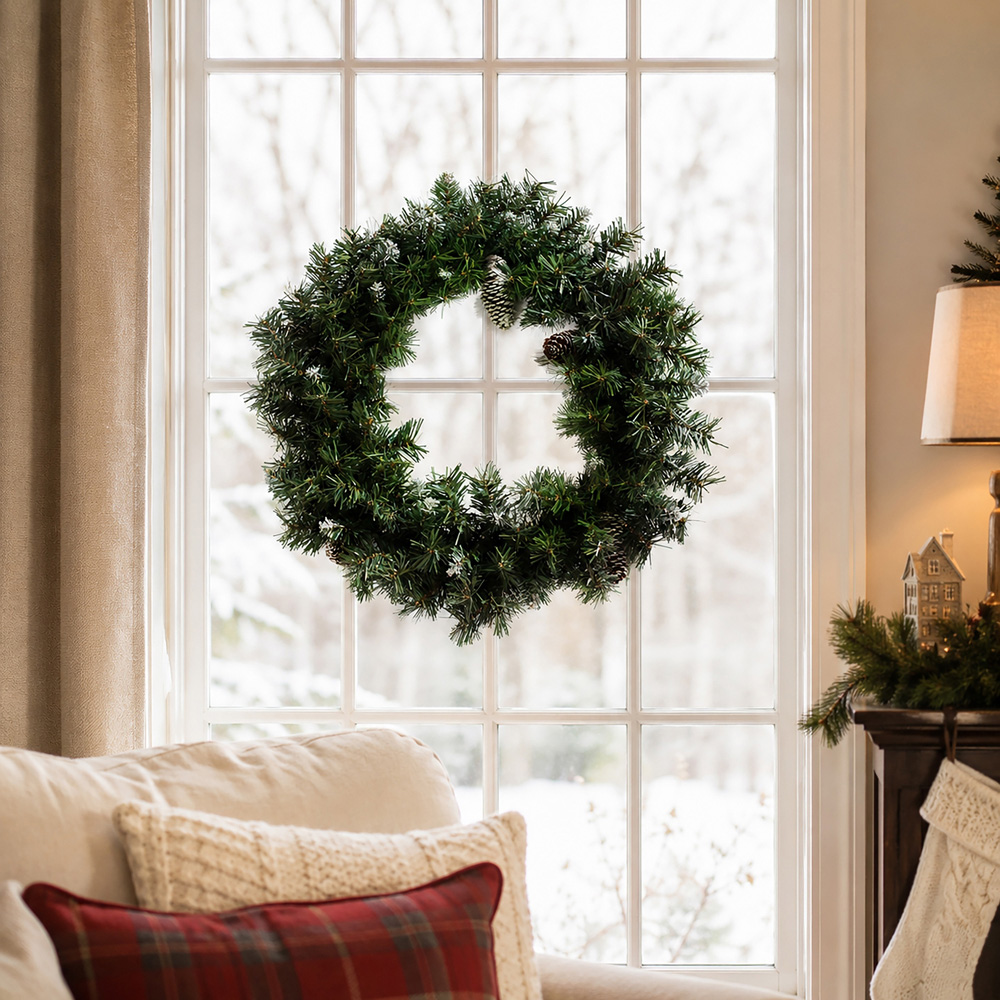 Abrihome 35 Warm White LED Multi-Function Artificial Christmas Wreath with Tips and Pinecones 50cm Image 4