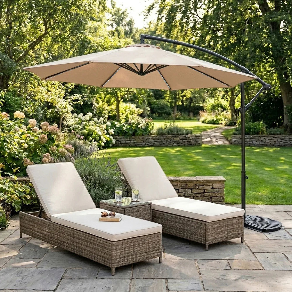 MonsterShop Beige LED Cantilever Parasol with Half Fan Base 3m Image 2