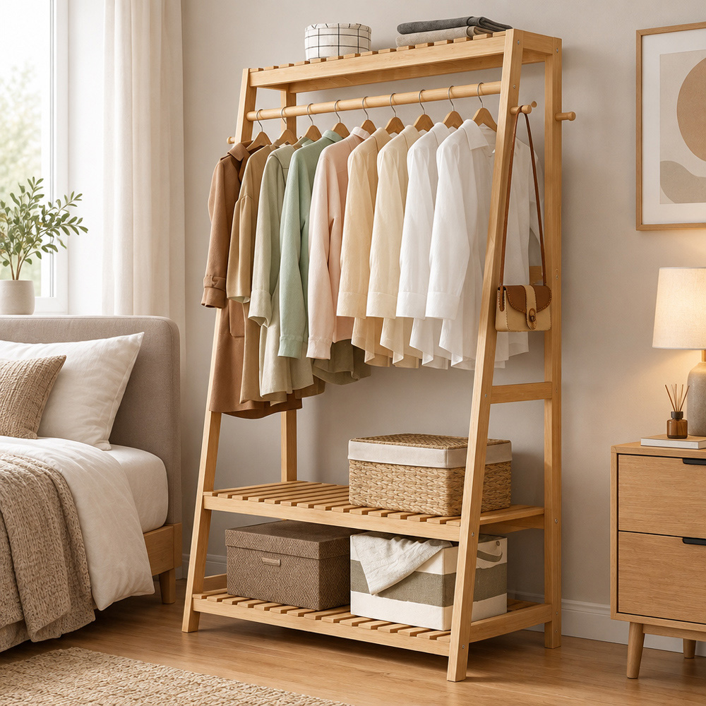 Modcraft 2 Shelf 10 Hooks Bamboo Clothes Rail Rack Image 5