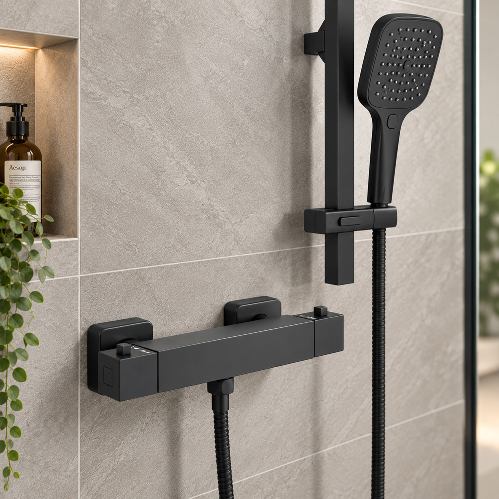 Go Bathrooms AquaFlow Black Round Thermostatic Bar Shower Kit Image 4