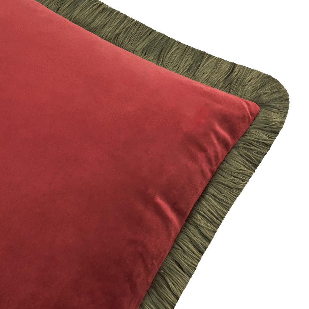 Furn Halo Fringed Dark Red and Fir Green Velvet Cushion 50 x 50cm Image 2