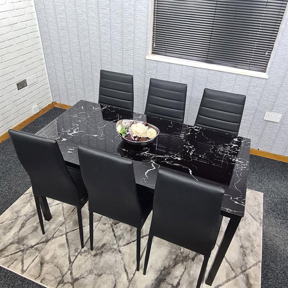 Portland Marble Effect Glass 6 Seater Leather Dining Set Black Image 4