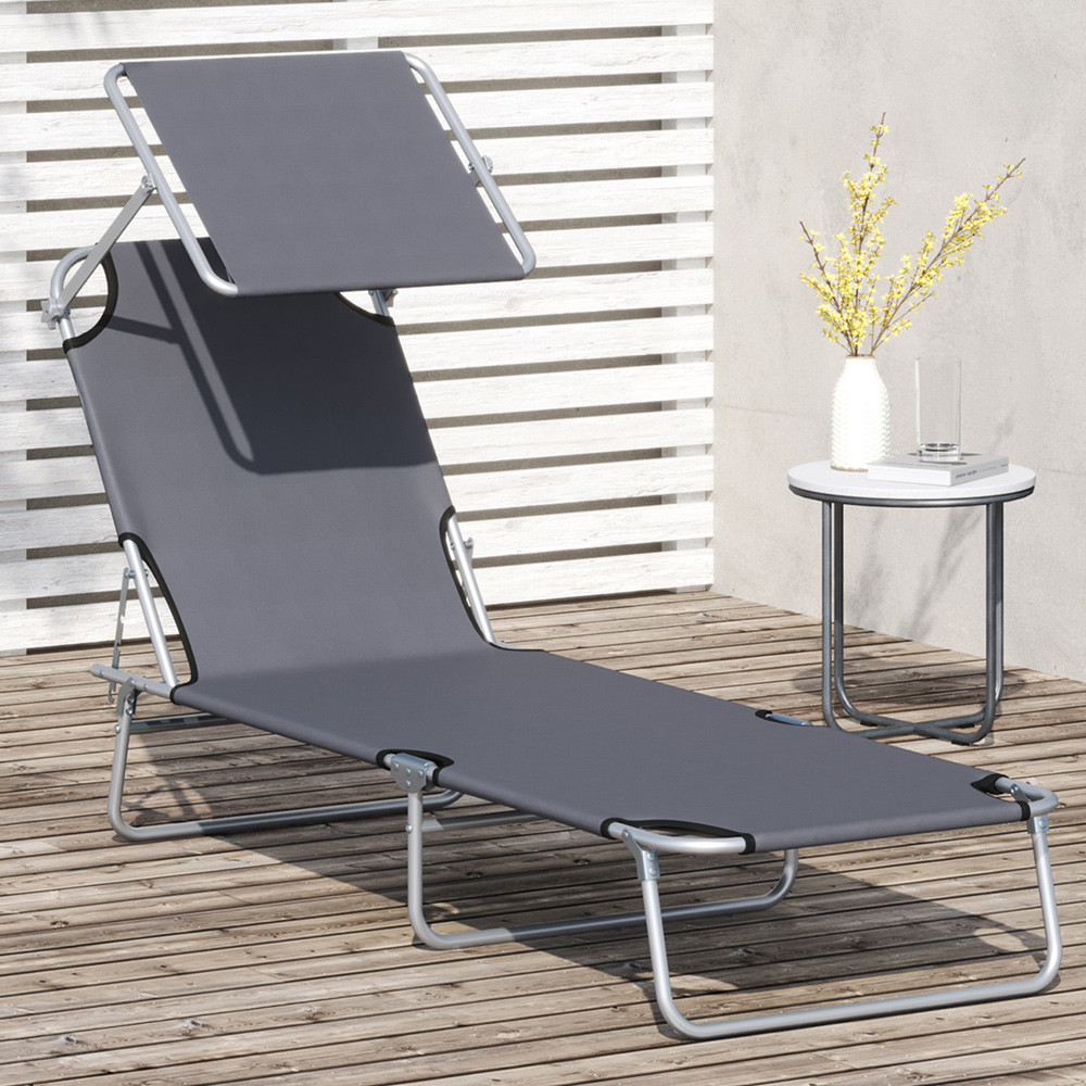 Outsunny Grey Foldable Sun Lounger with Sunshade Awning Image 1