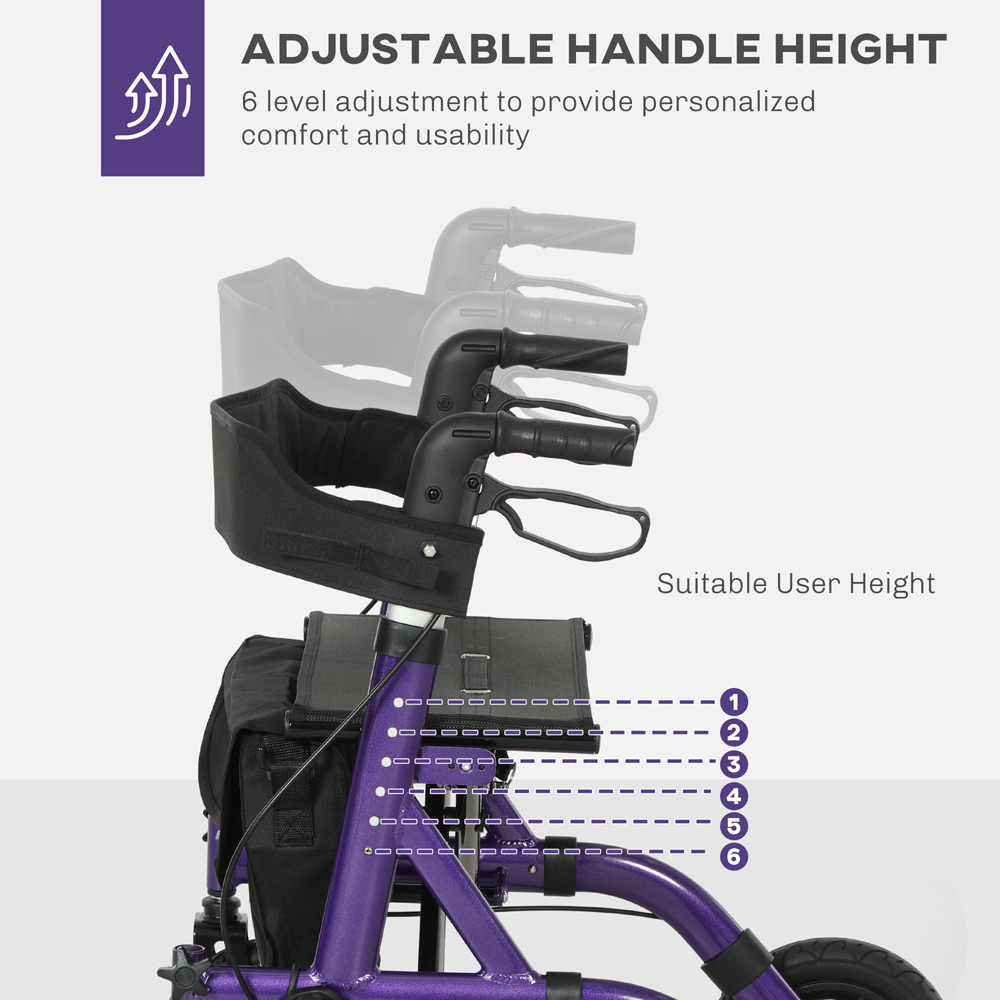 HOMCOM Purple 4-Wheel Foldable Rollator Walker with Bag and Seat Image 6