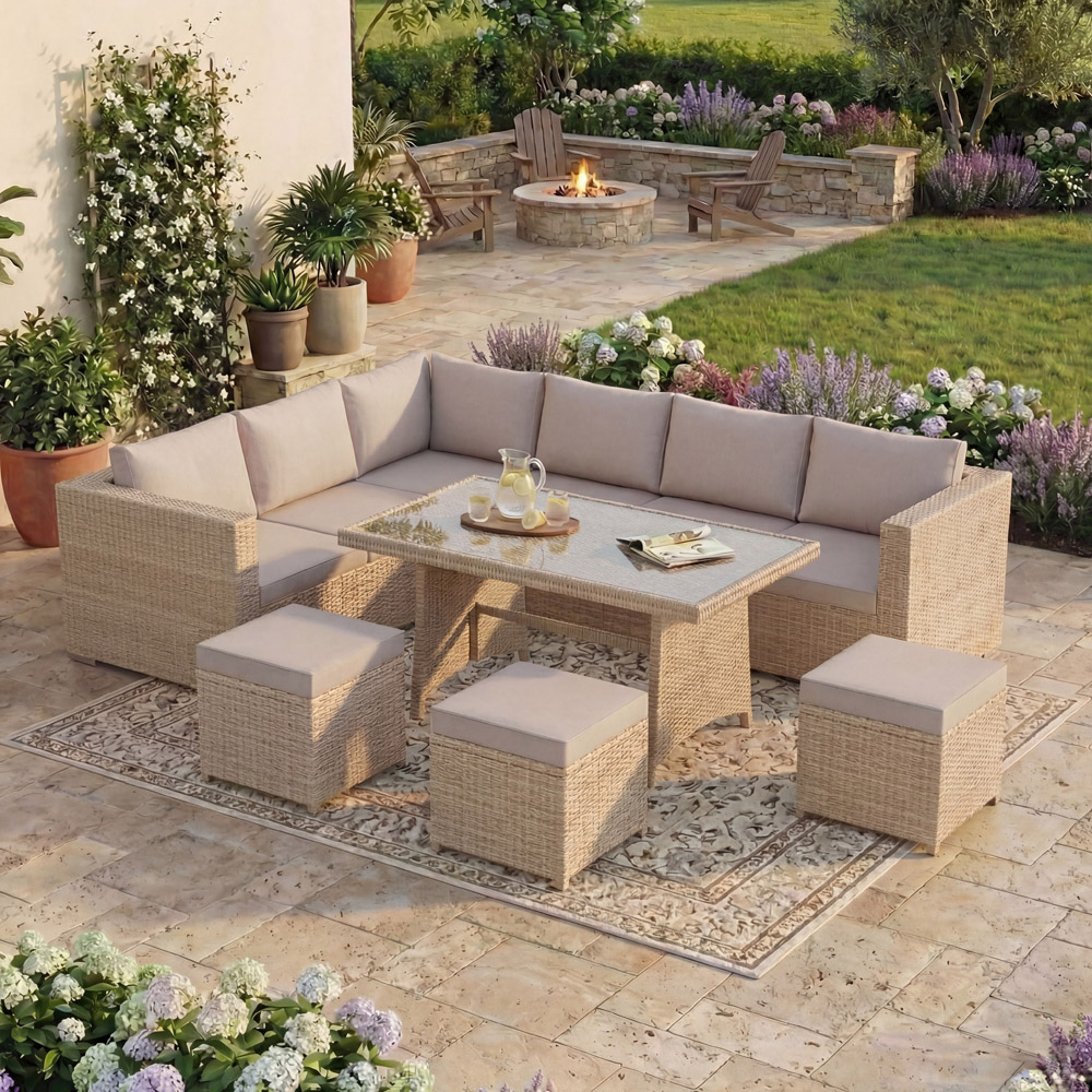 GARDEN VIDA Belgrave 9 Seater Natural PE Rattan Garden Corner Lounge Set with Cover Image 3