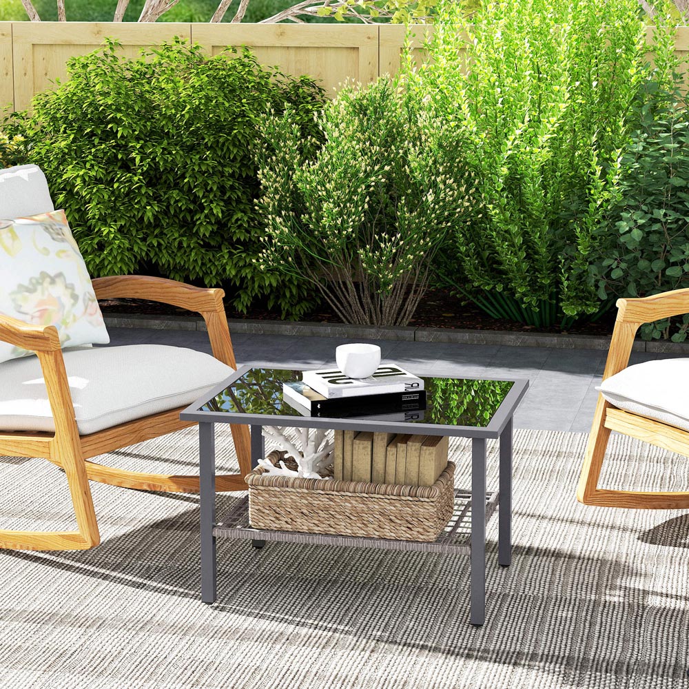 Outsunny Single Shelf Mixed Grey Rattan Rectangular Outdoor Coffee Table Image 4