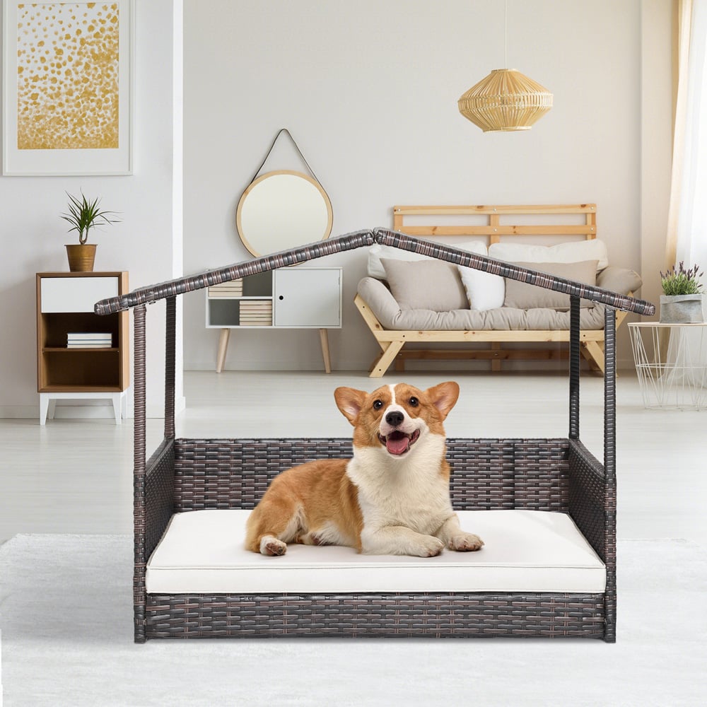 Costway White Wicker Dog House with Removable Cushion Image 3