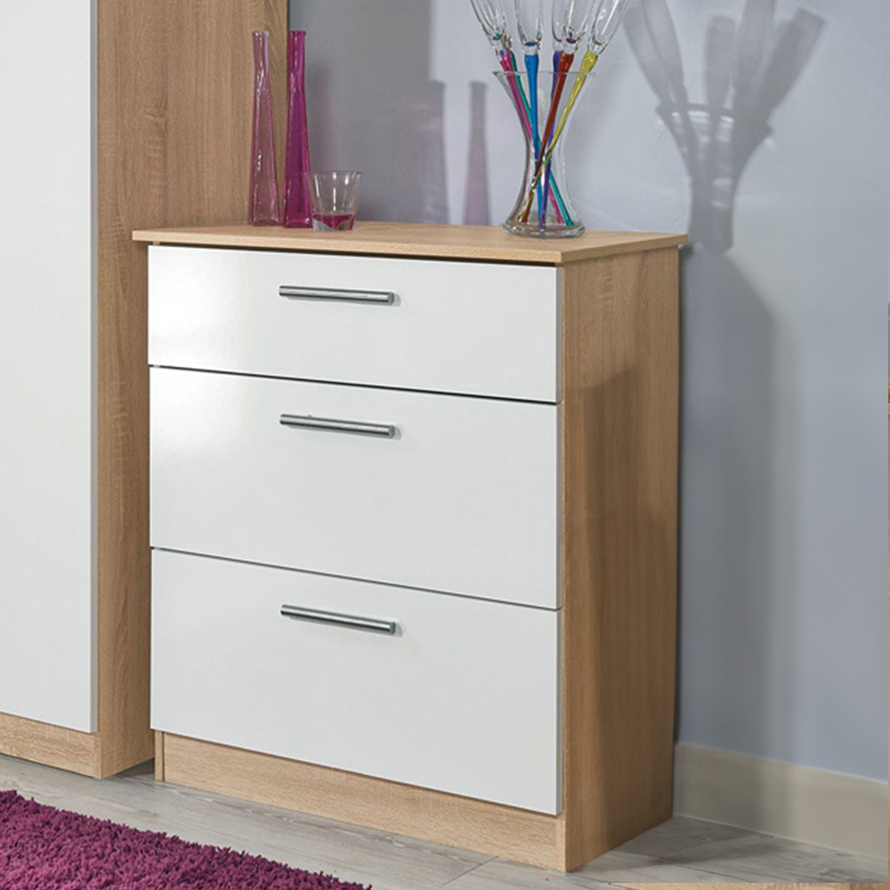 Crowndale Contrast 3 Drawer White Gloss and Bardolino Oak Deep Chest of Drawers Image 1