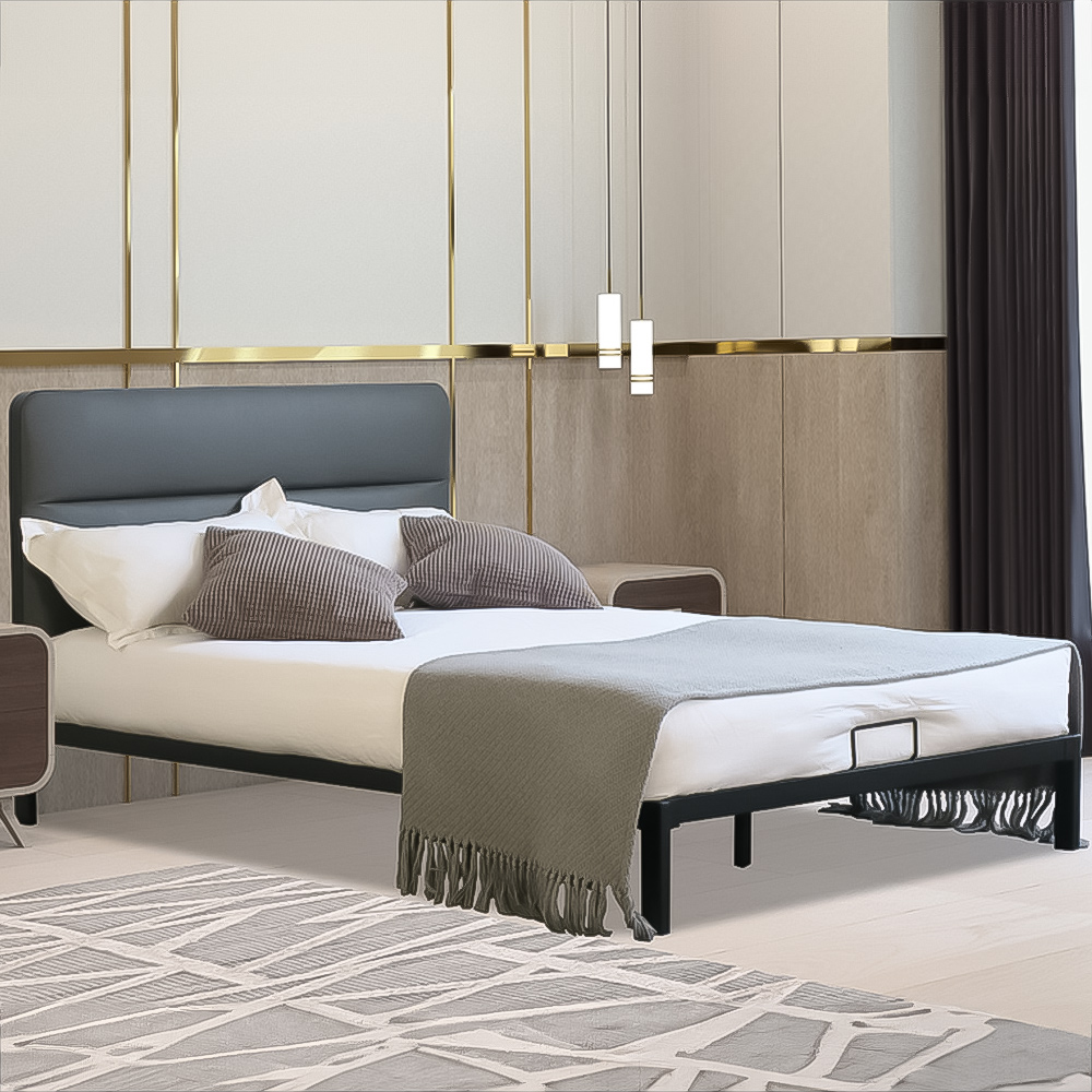 Brooklyn King Size Grey Metal Bed Frame with Faux Leather Headboard Image 1