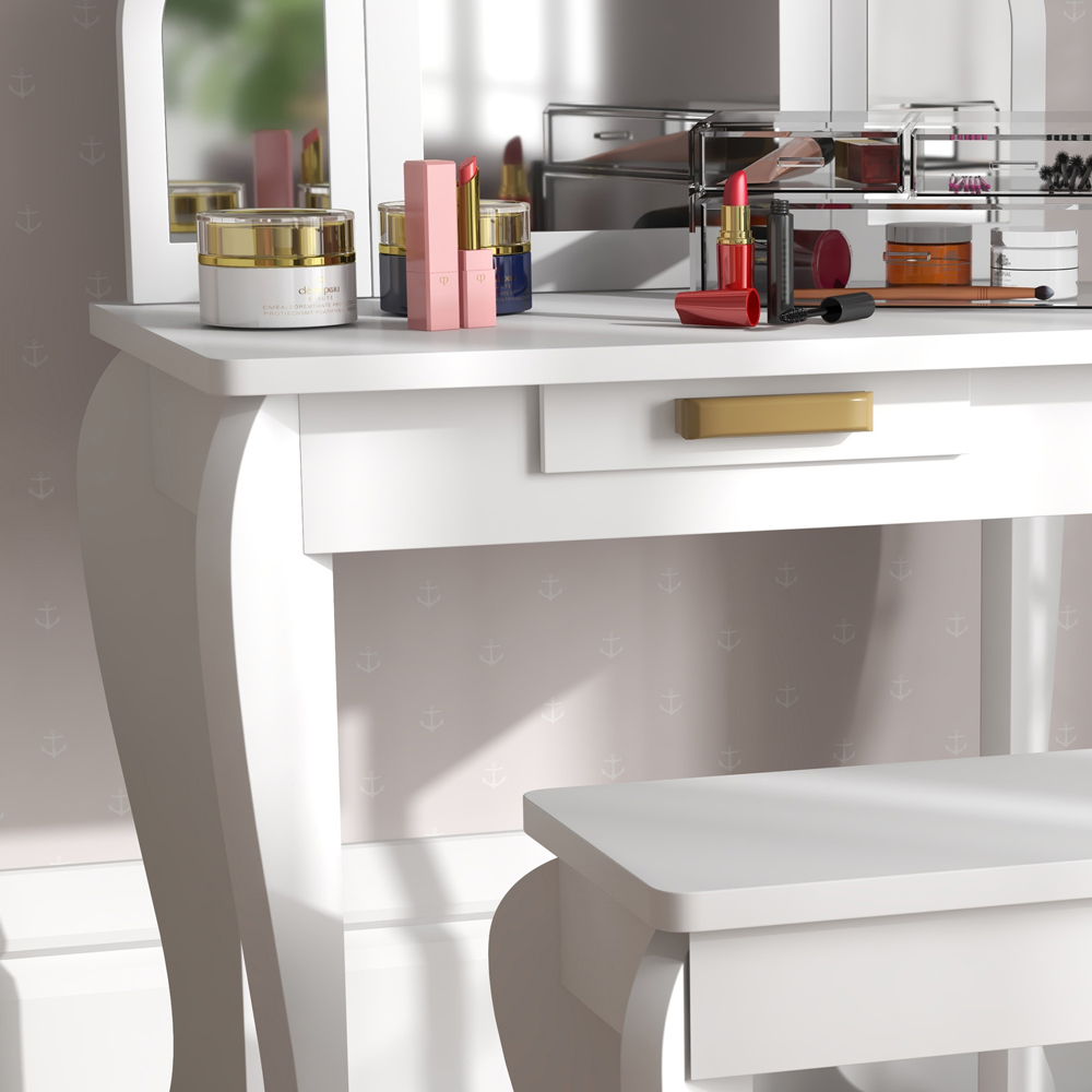 HOMCOM Single Drawer White Mirror Kids Dressing Table and Stool Set Image 3