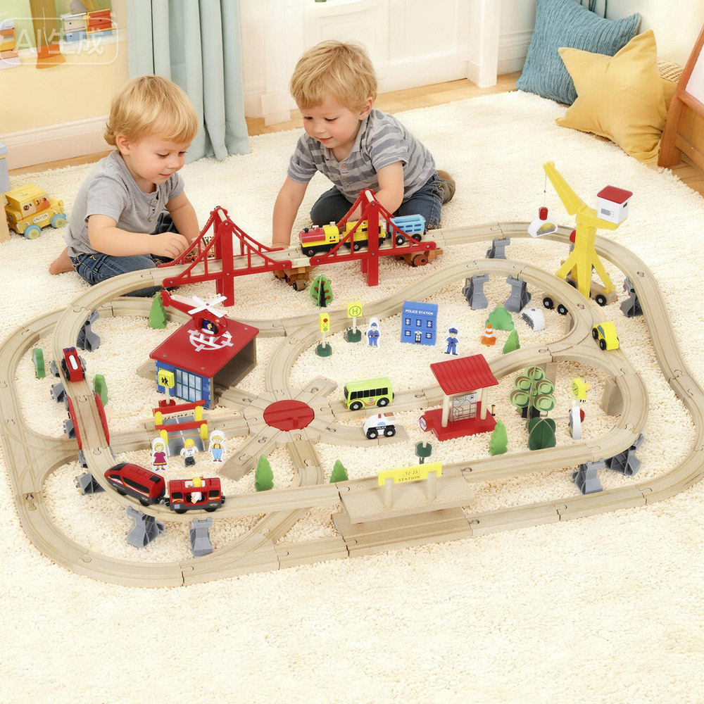 Tommy Toys AIYAPLAY 133 Piece Wooden Toy Train Set with Crane Image 2