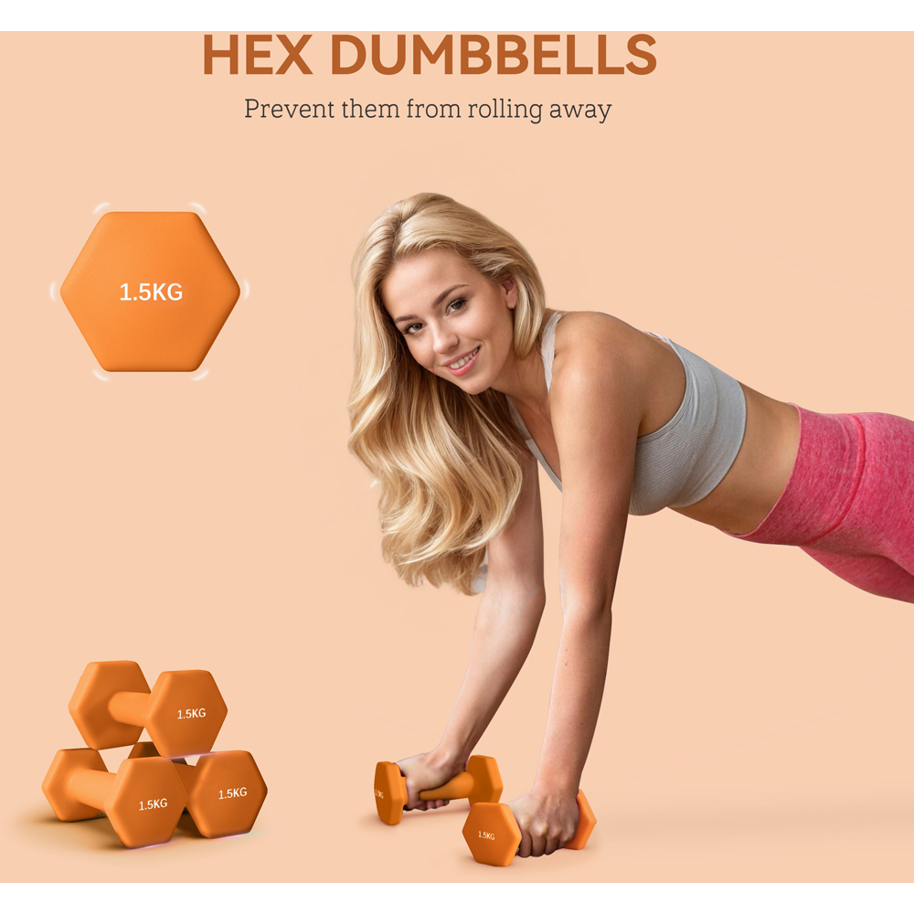 SPORTNOW Orange Hexagonal Dumbbell 1.5kg 2 Pack Image 6
