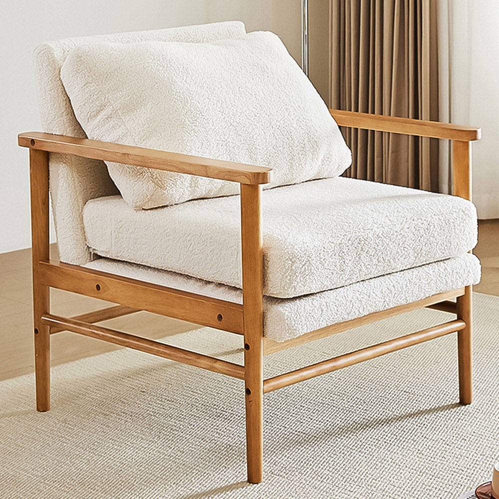 Living and Home White Teddy Bear Fur Wooden Armchair Image 1