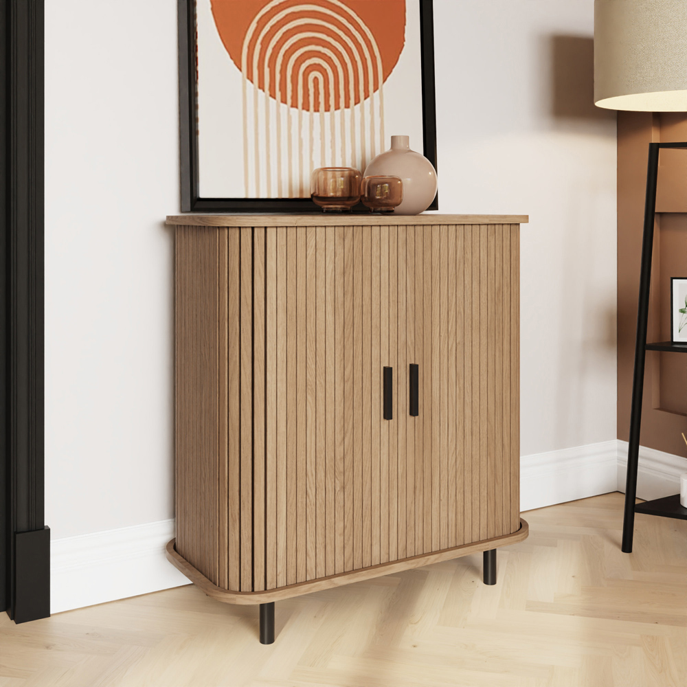 GFW Omari 2 Tambour Sliding Door Oak Slatted Compact Sideboard Image 7
