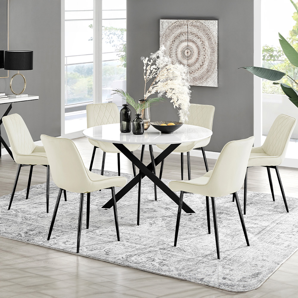 Furniturebox Arona Cesano 6 Seater Round Dining Set White Gloss Black and Cream Image 1