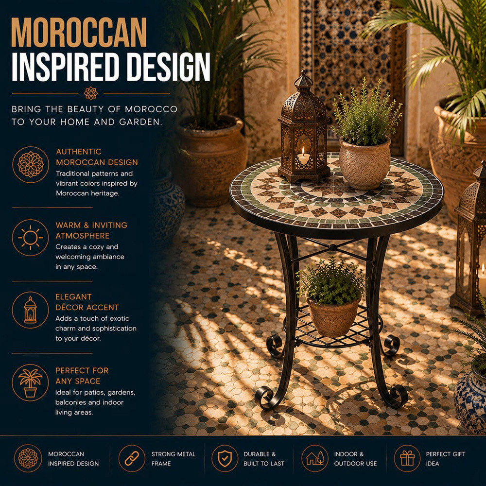 Shatchi Marrakech 2-in-1 Single Shelf Mosaic Ceramic Tile Top Plant Stand Side Table Image 7
