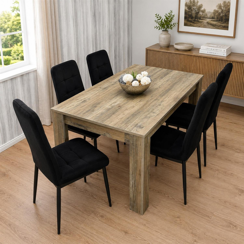 Kosy Koala 6 Seater Velvet Dining Set Rustic Effect and Black Image 1