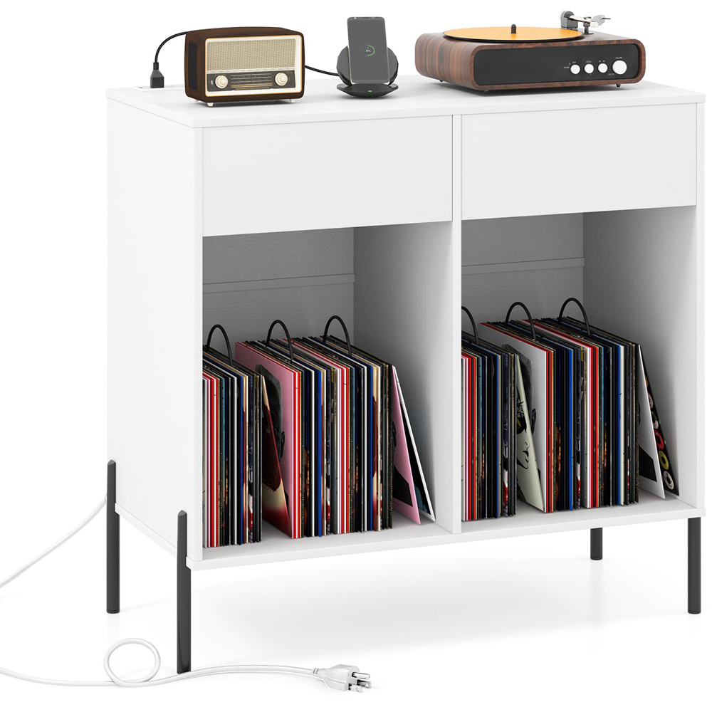 Costway 2 Drawer White Record Player Stand with Power Outlet Image 2