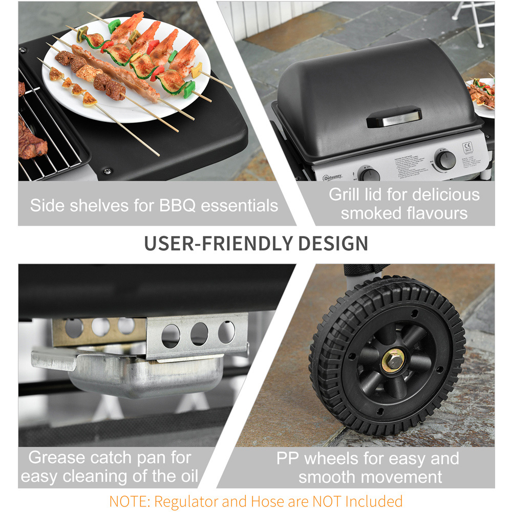 Outsunny Black 2 Burner Gas BBQ Grill with Side Shelves Image 6
