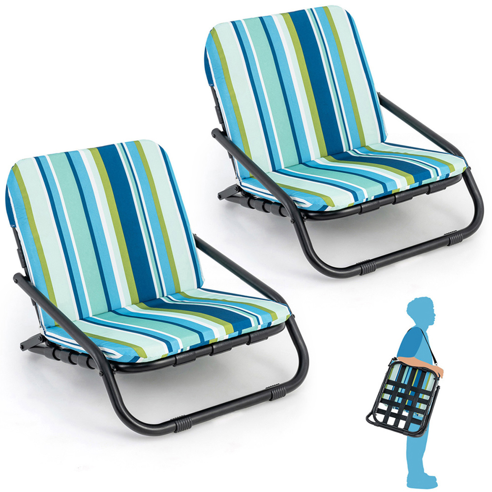 Costway Set of 2 Blue Low Folding Beach Chairs with Cushions Image 2