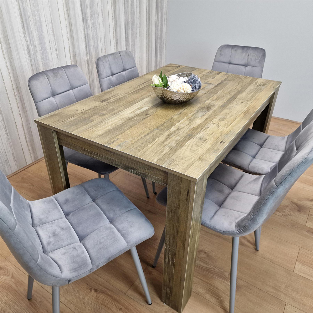 Portland 6 Seater Velvet Dining Set Rustic Effect and Grey Image 5