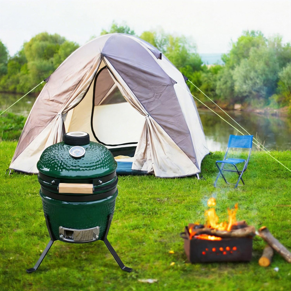 Alivio Kamado Green Portable Ceramic 13 inch Mini BBQ Grill Smoker Egg with Stand Image 2