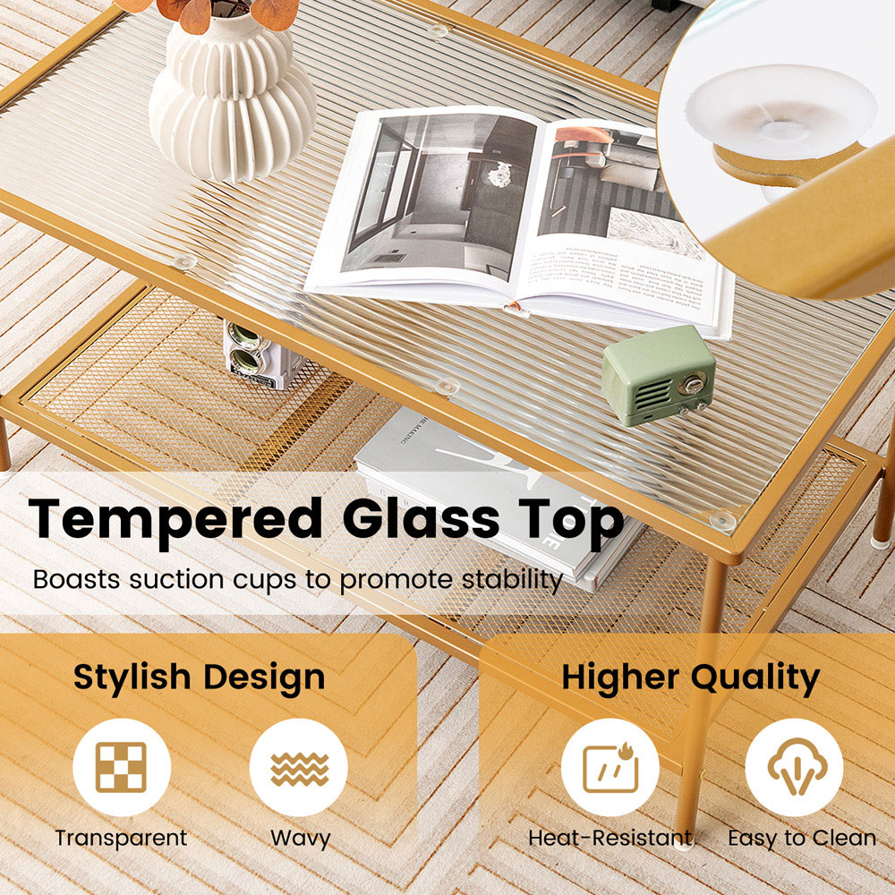 Costway Single Shelf Golden Tempered Glass Top Coffee Table Image 7