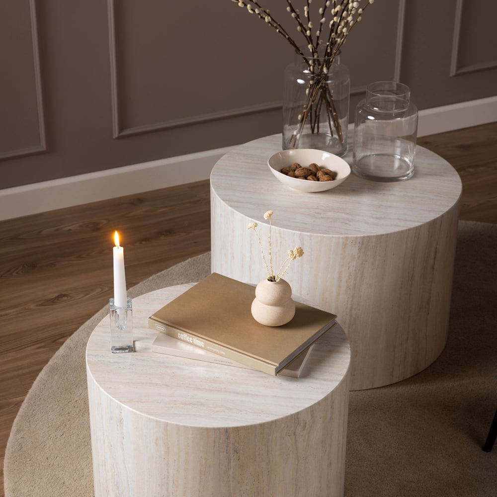 Florence Dice Round Light Travertine Effect Coffee Table Set of 2 Image 6