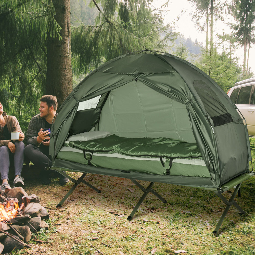 Outsunny 4-in-1 Foldable Dome Tent Camping Cot with Sleeping Bag Green Image 2