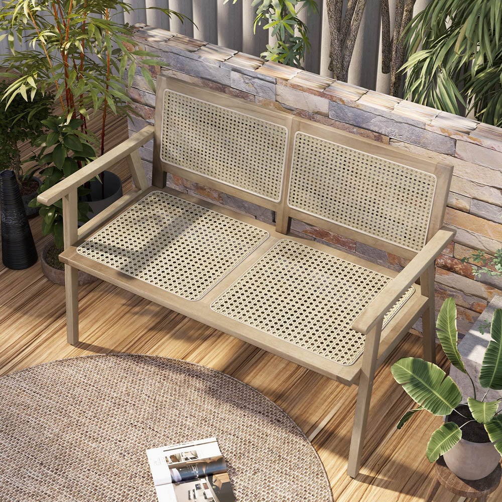 Costway Teak Wood Rattan Garden Bench Image 3