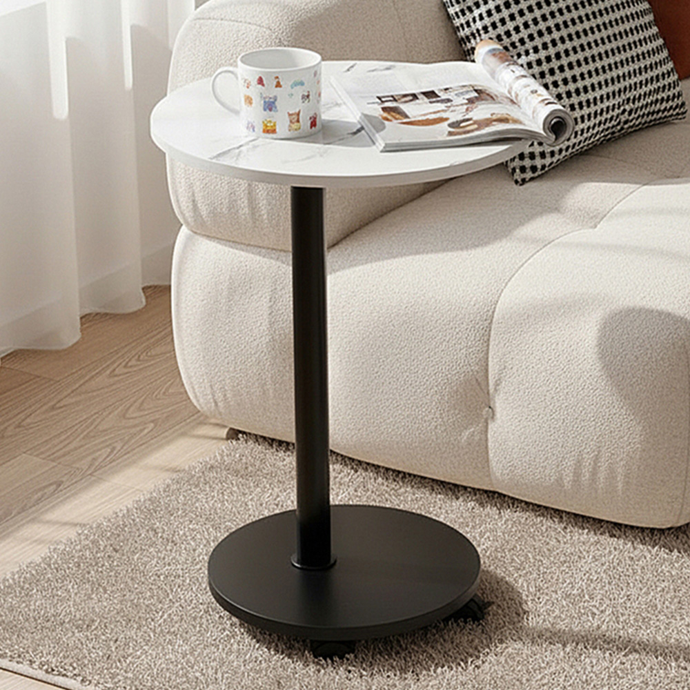 Living and Home White Marble Look Round Side Table with Lockable Castors Image 1