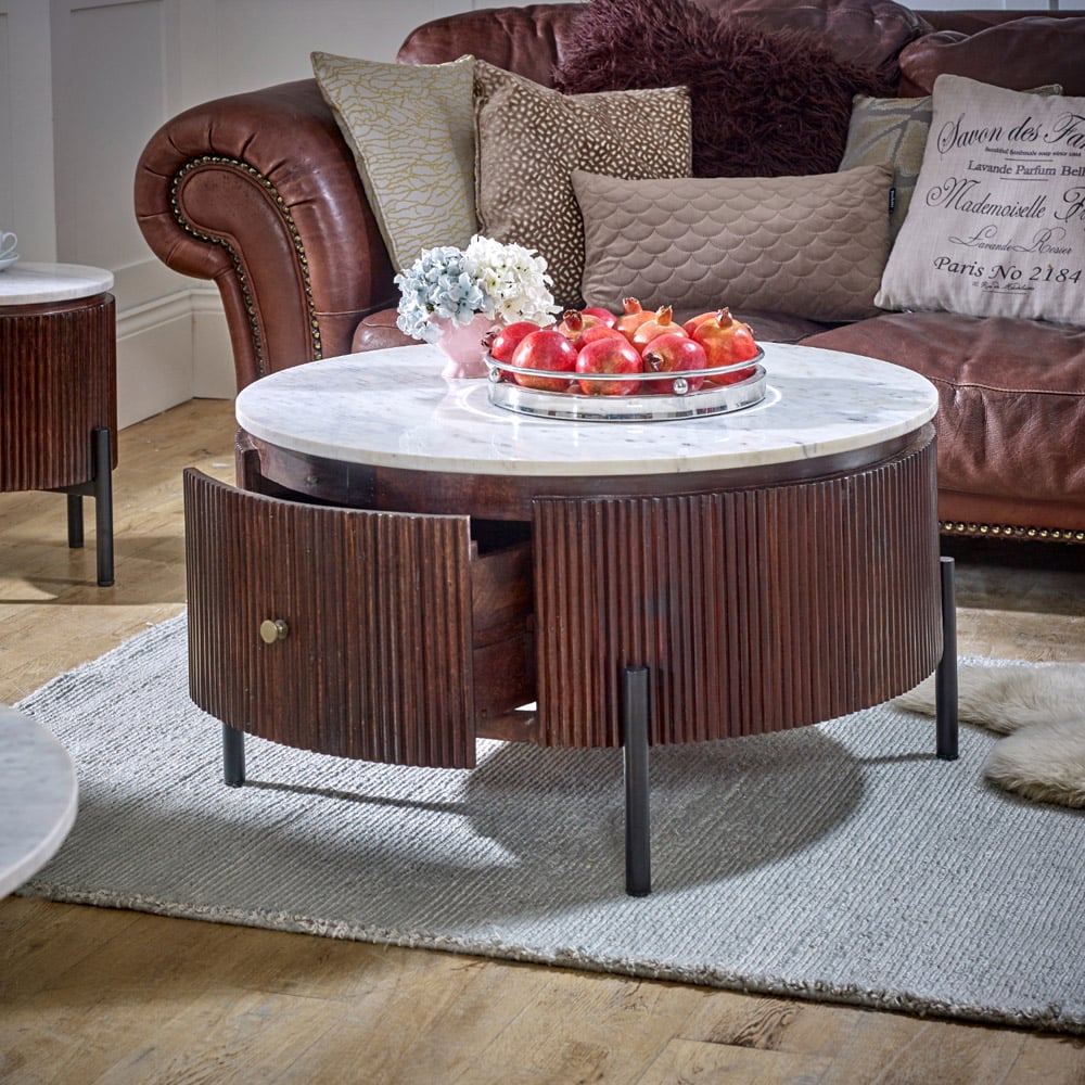 Brooklyn Opal Single Drawer Marble Top Mango Wood Round Fluted Coffee Table Image 6