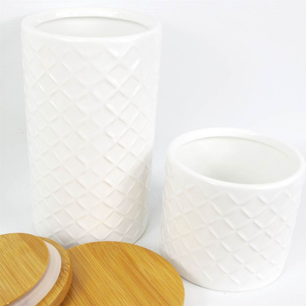 Leaf Set of 2 Embossed Cream Ceramic Jar with Bamboo Lid Image 3