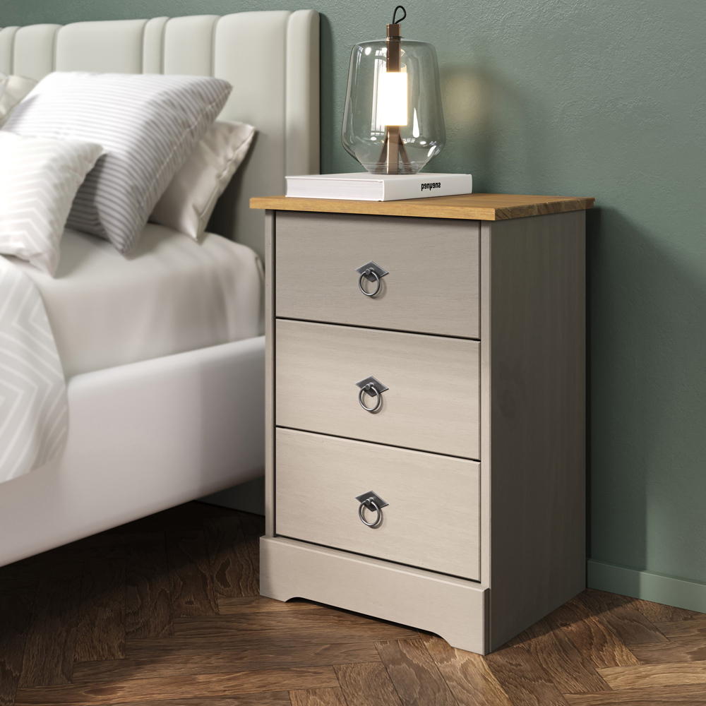 Core Products Corona Classic 3 Drawer Grey Pine Wood Bedside Cabinet Image 6