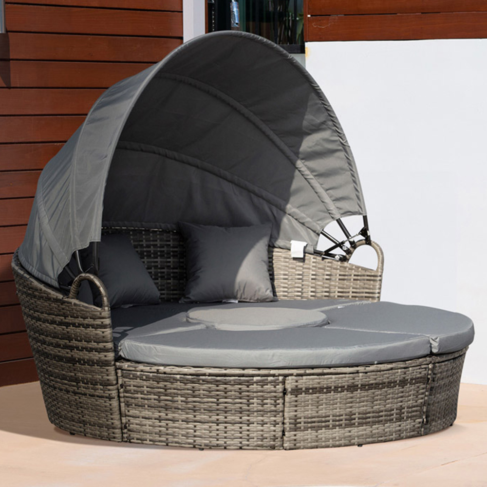 Outsunny 6 Seater Grey Rattan Round Lounge Set with Retractable Canopy Image 1