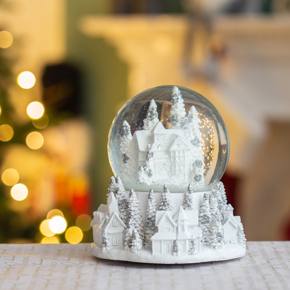 The Christmas Workshop Silver and White Towns Musical Snow Globe Decoration Image 2