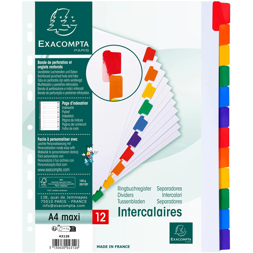 Exacompta A4 Maxi 12 Section White Divider with Multicolour Tabs 20 Pack Image 8