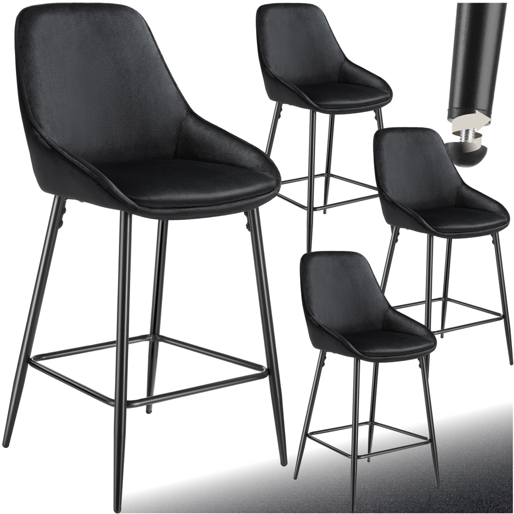 tectake Siera Black Velvet Look Bar Stool Set of 4 Image 2