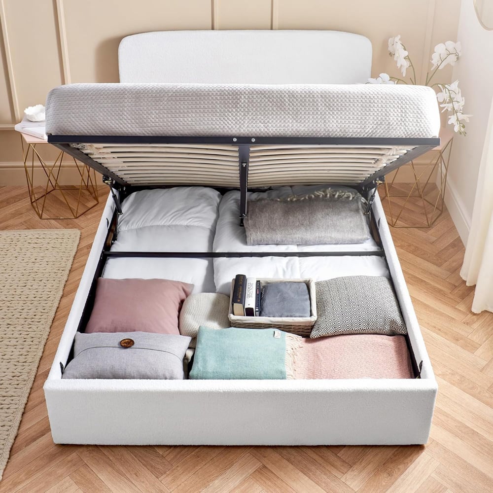 Home Treats Small Double Boucle and White Plush Ottoman Storage Bed with Mattress Image 5