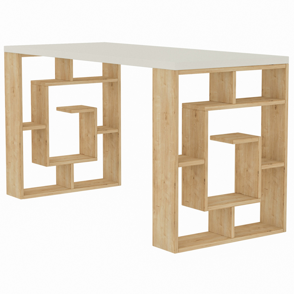 Decortie Labirent Bookshelf Leg Modern Computer Desk White and Oak Image 2