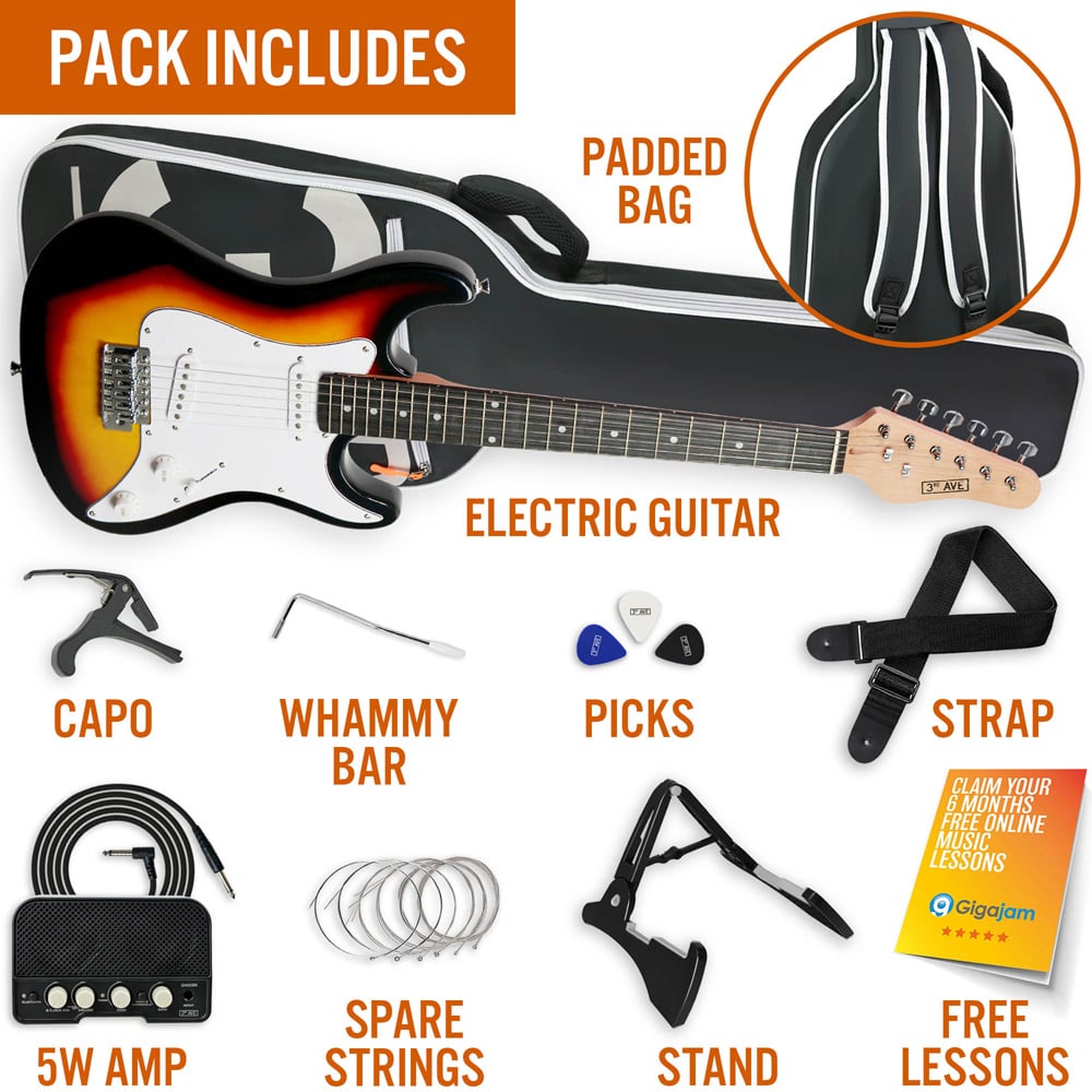 3rd Avenue Sunburst 3/4 Size Electric Guitar Set Image 5