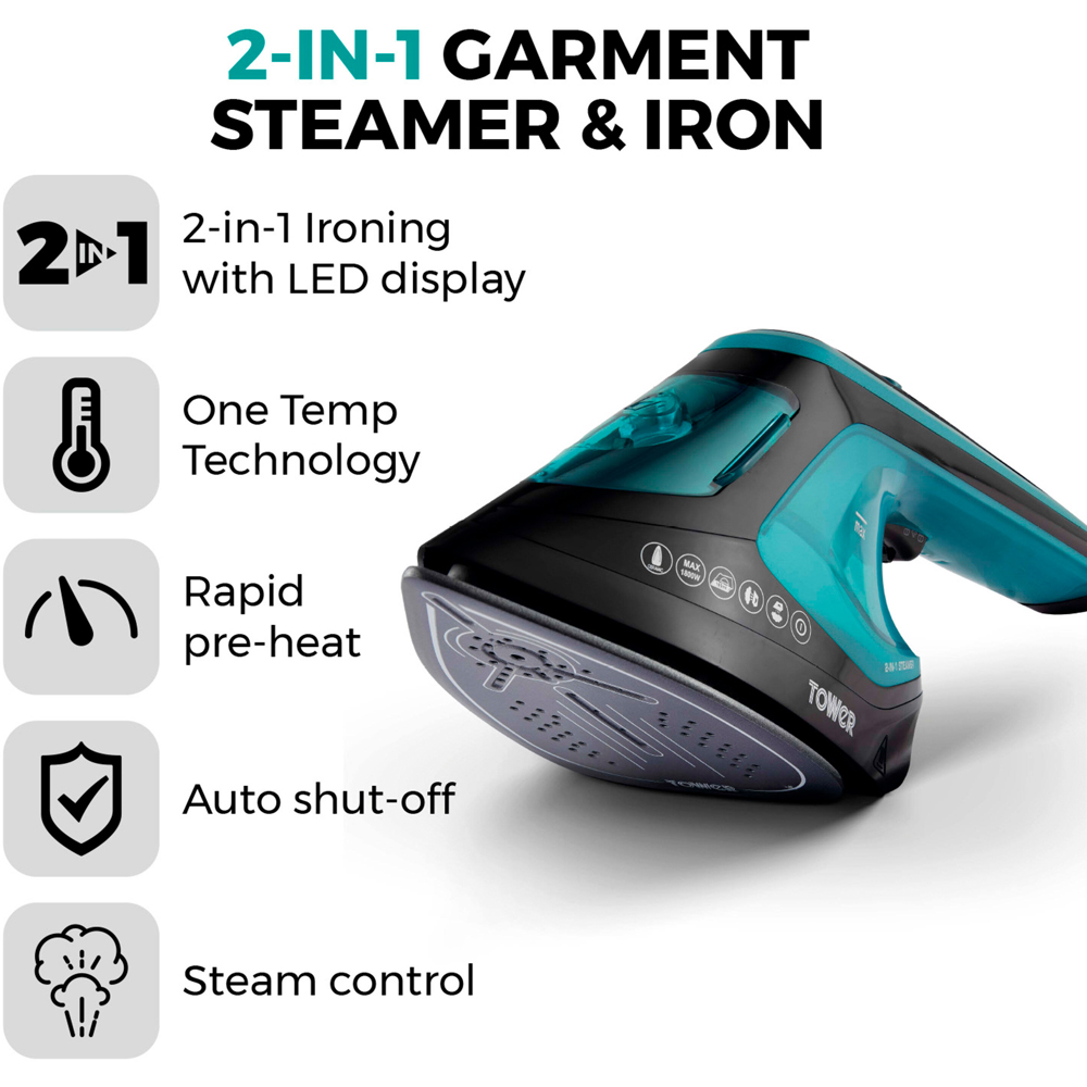 Tower T22031TL 2-in-1 Teal Garment Steamer and Iron Image 3