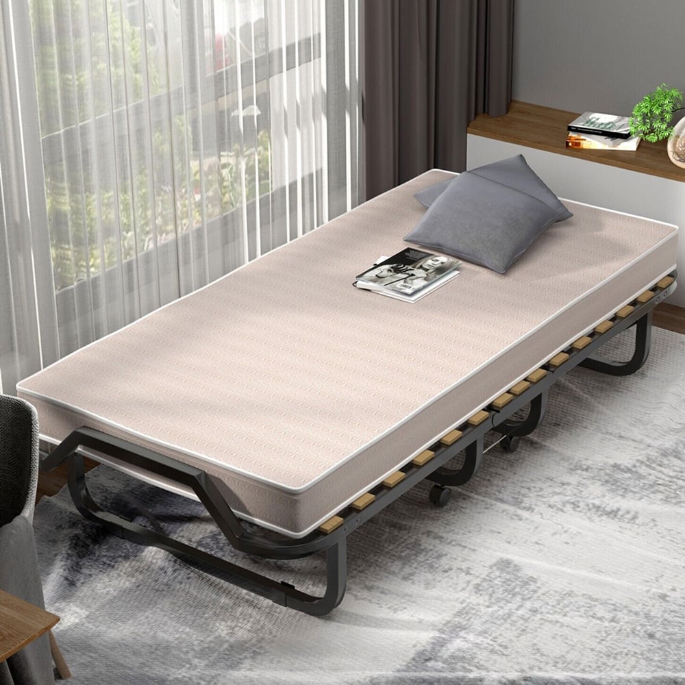 Costway Single White Folding Bed with Memory Foam Mattress Image 1