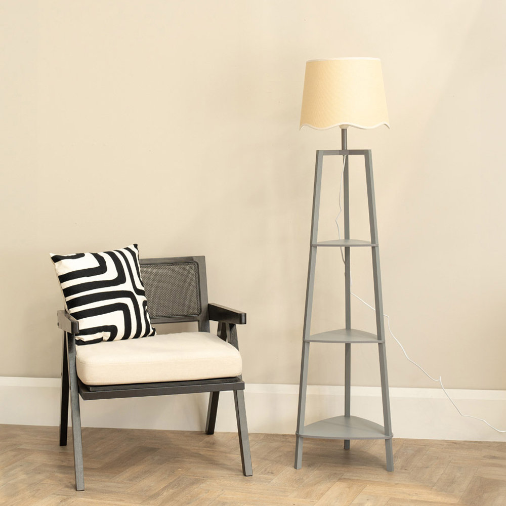 ValueLights Hiru Grey 3 Shelf White Trim Scallop Shade Floor Lamp with Bulb Image 3