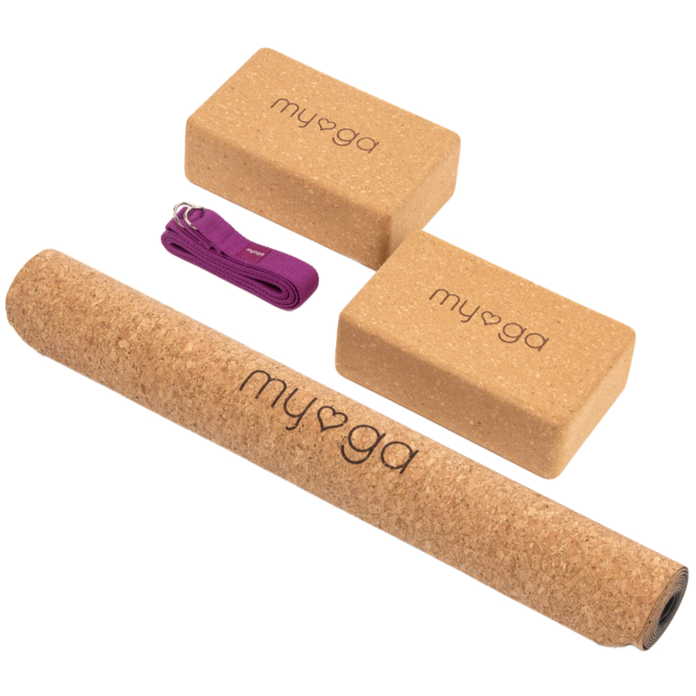 Myga Plum Cork Yoga Mat with Pair of Cork Blocks and Strap Image 1