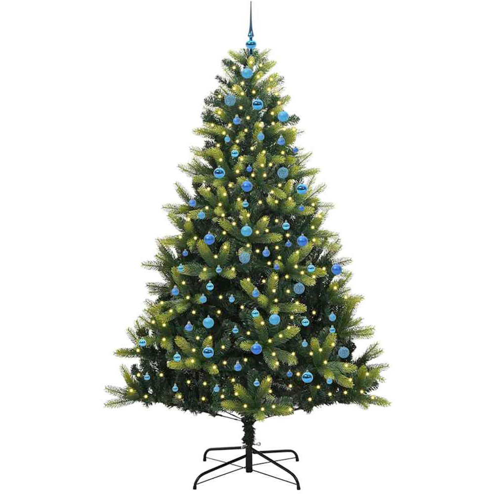 vidaXL Pre-Lit Blue Baubles Green Artificial Hinged Christmas Tree 8ft Image 1
