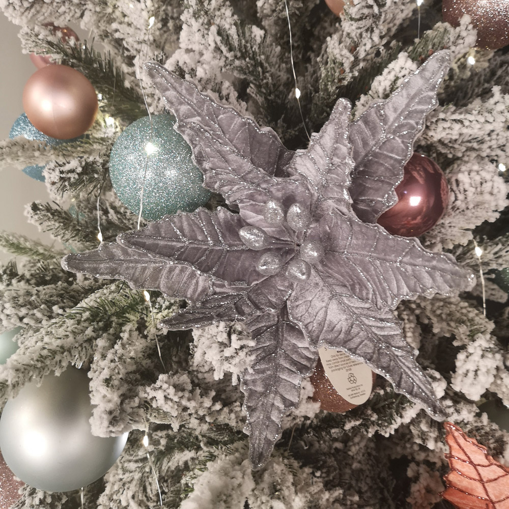 Samuel Alexander Silver Velvet Glitter Poinsettia Stem Christmas Decoration 50cm Image 2