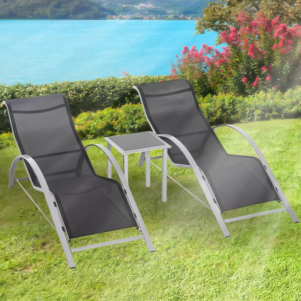 Garden Mile Set of 2 Silver Grey Sun Lounger with Table Image 1