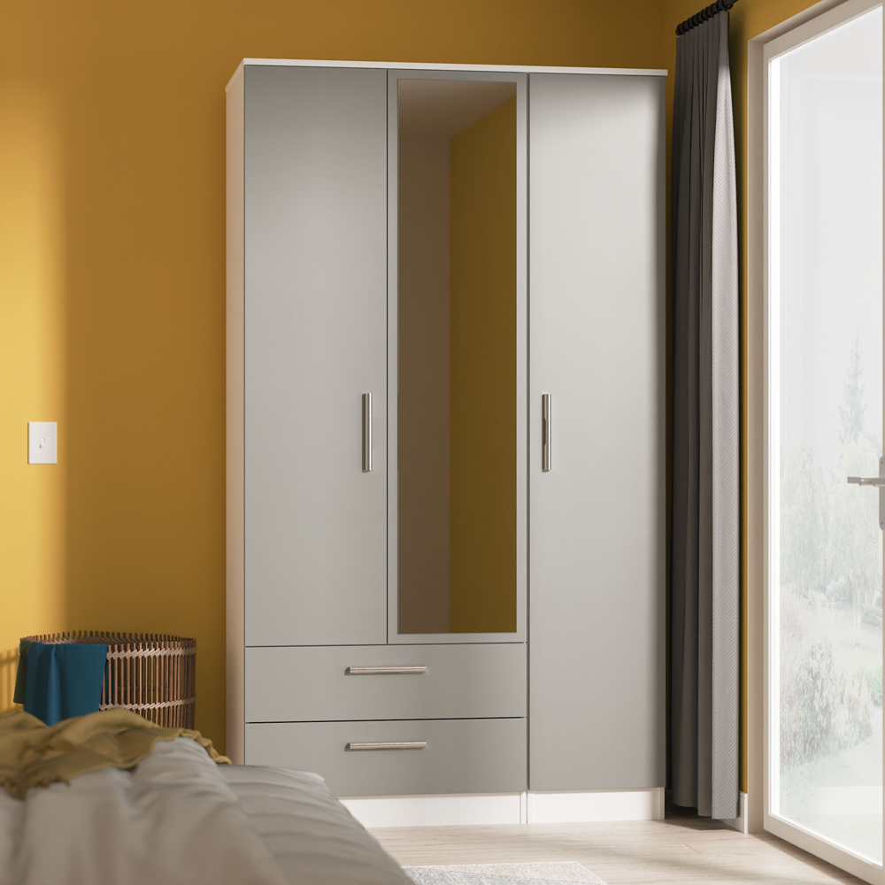 Crowndale Contrast 3 Door 2 Drawer Dusk Grey and White Tall Mirrored Wardrobe Ready Assembled Image 9