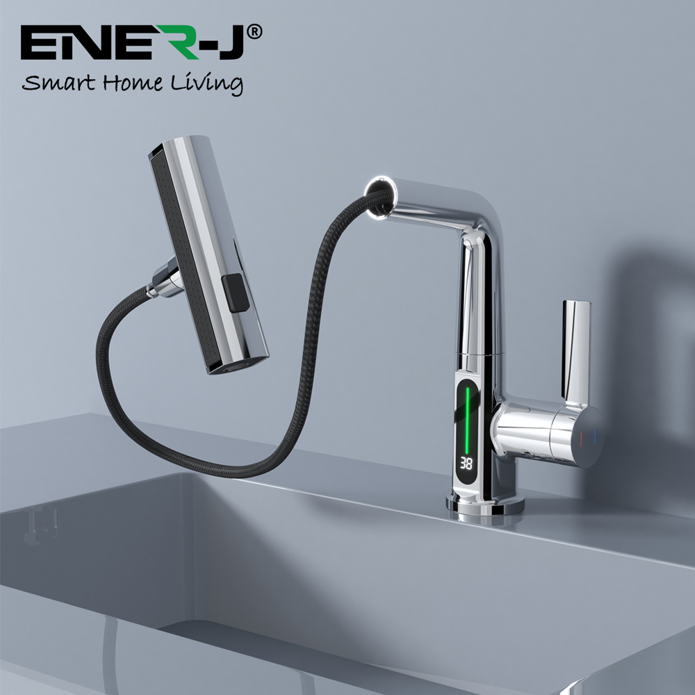 Ener-J Single Hole Chrome Pull Out Waterfall Kitchen Tap with LED Display Image 2